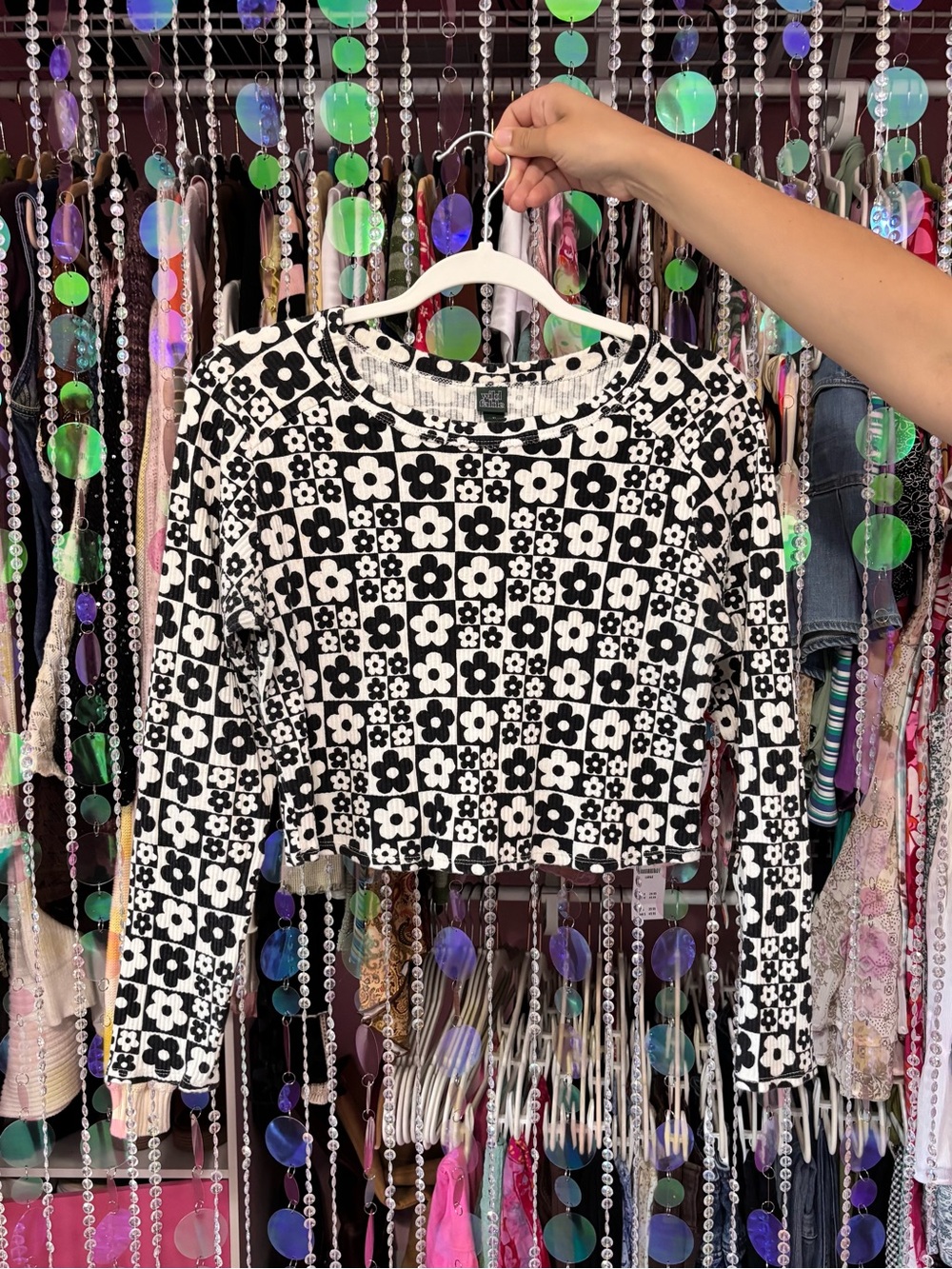 Retro B&W Floral Long Sleeve Top